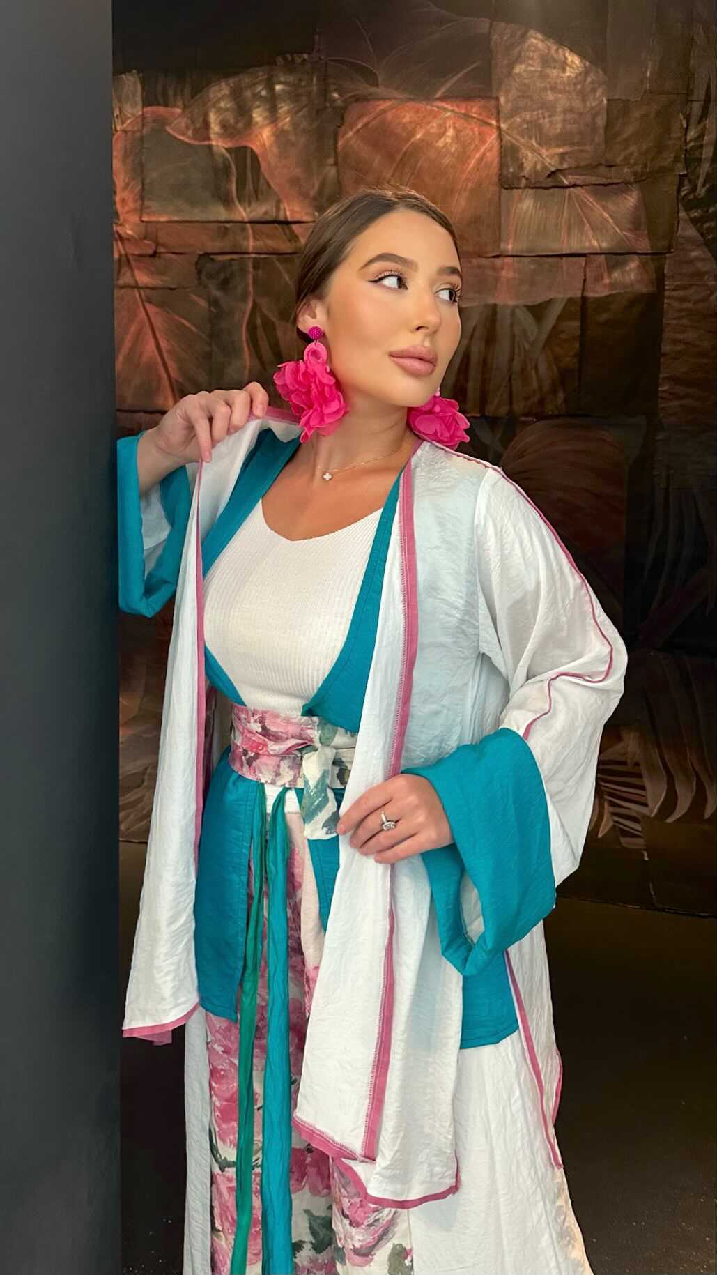 Silk double layer kimono with linen belt and pants