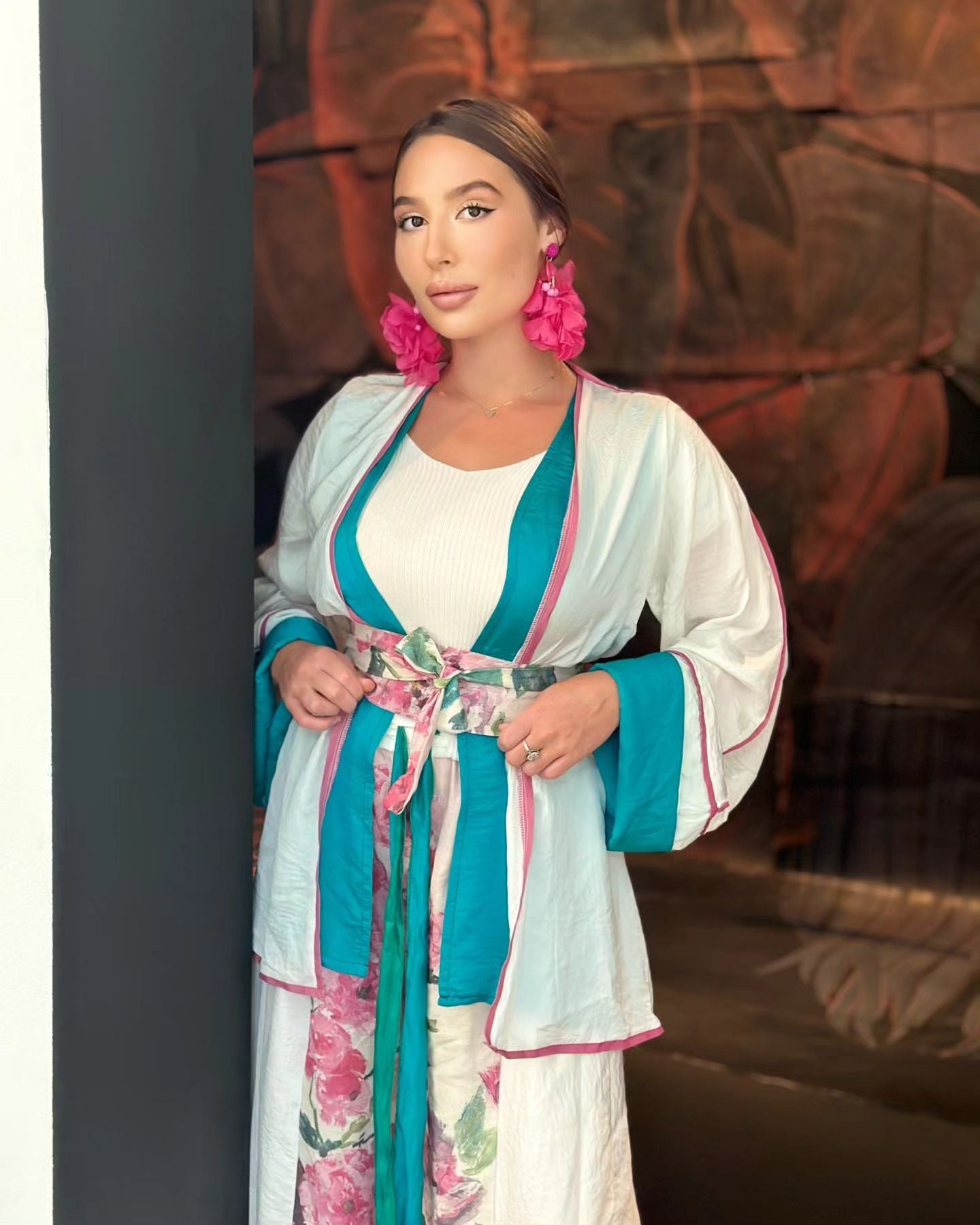 Silk double layer kimono with linen belt and pants