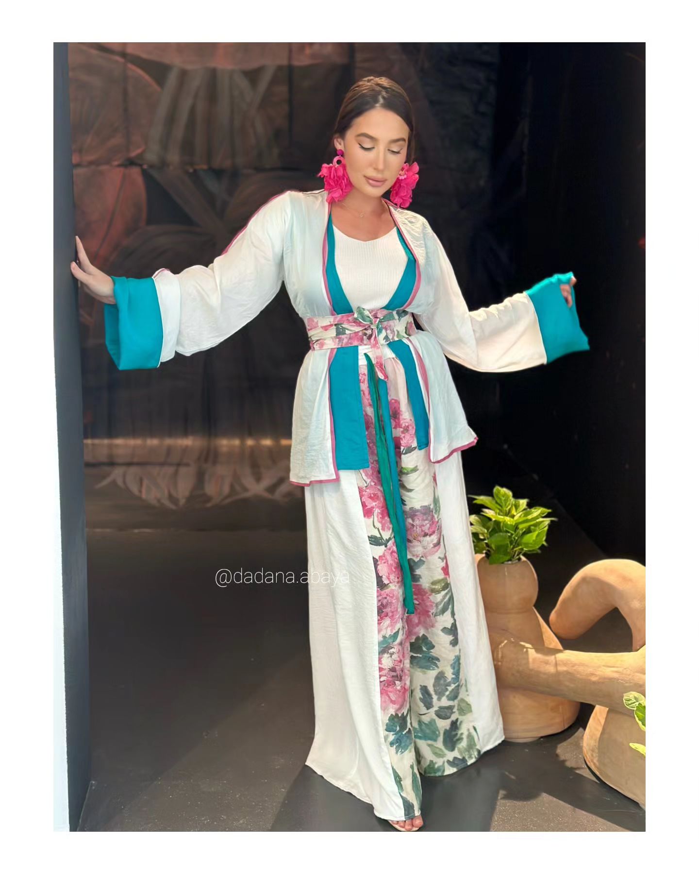 Silk double layer kimono with linen belt and pants