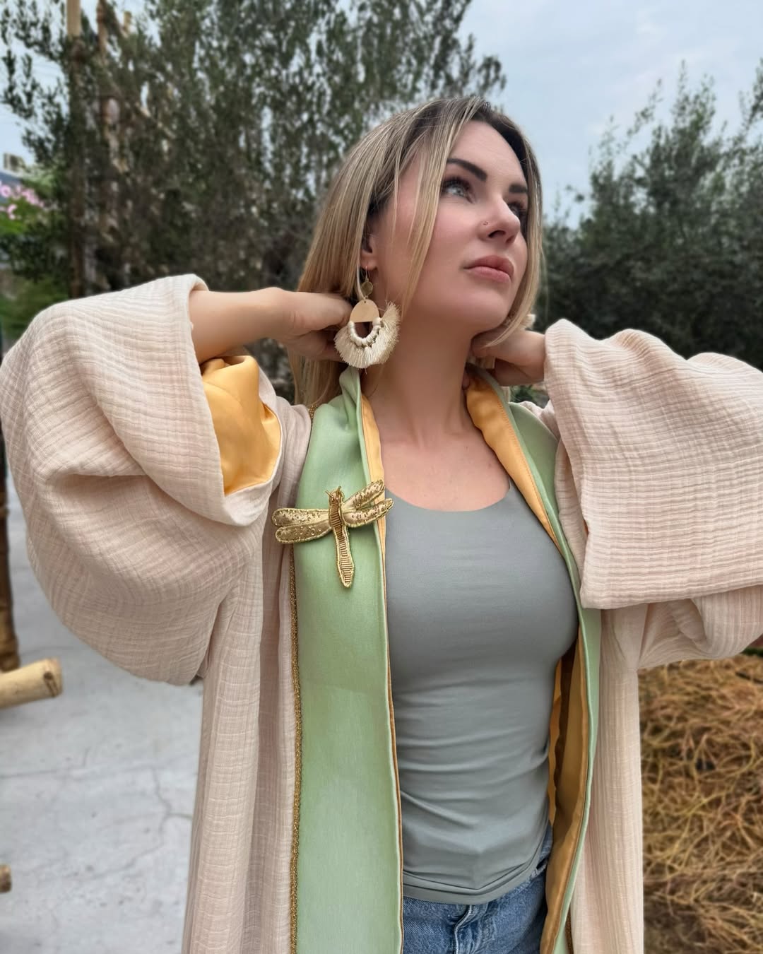 Beige & Green Kimono Abaya