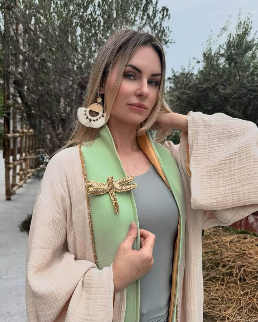 Beige & Green Kimono Abaya
