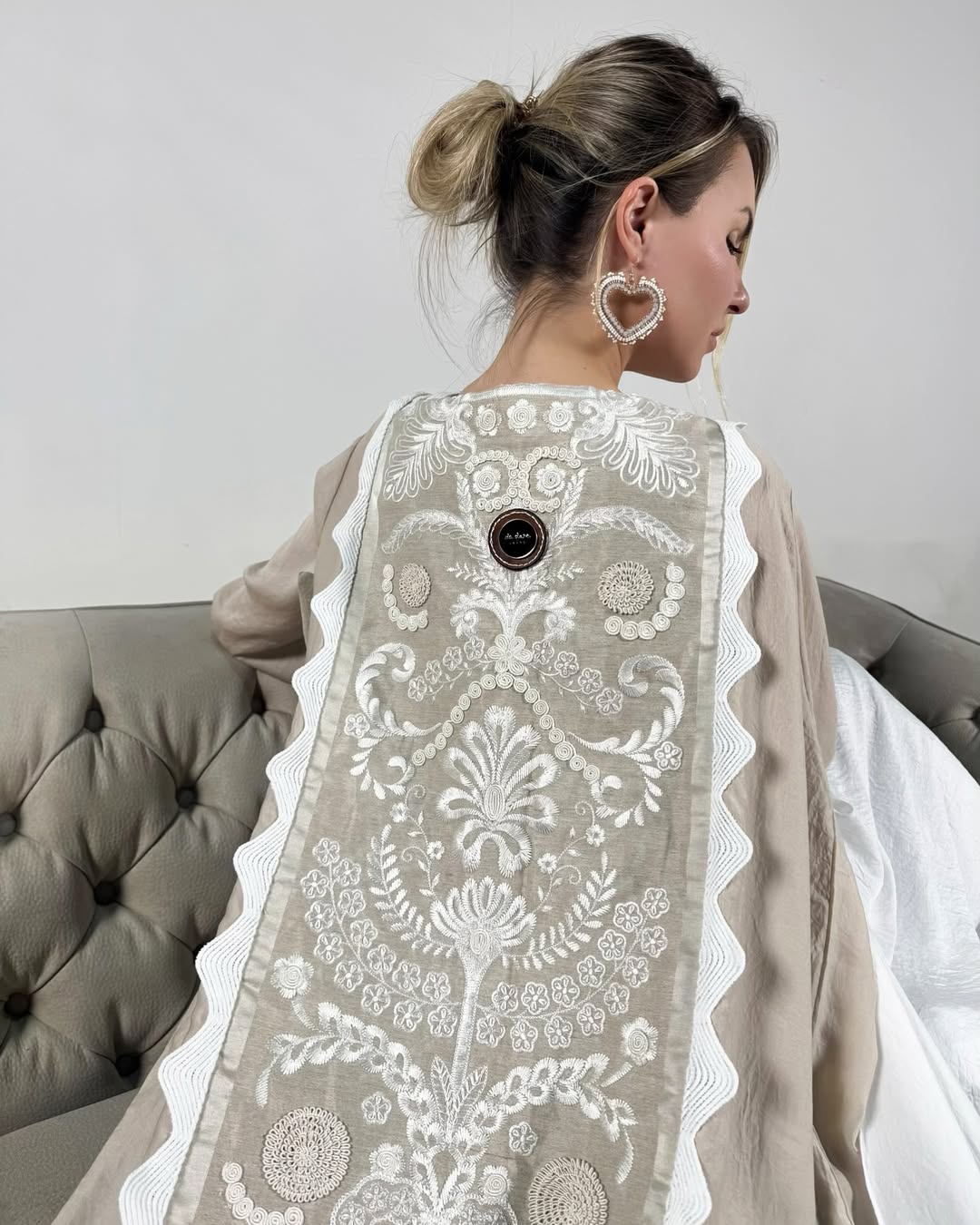 White & Beige French Embroidered Abaya