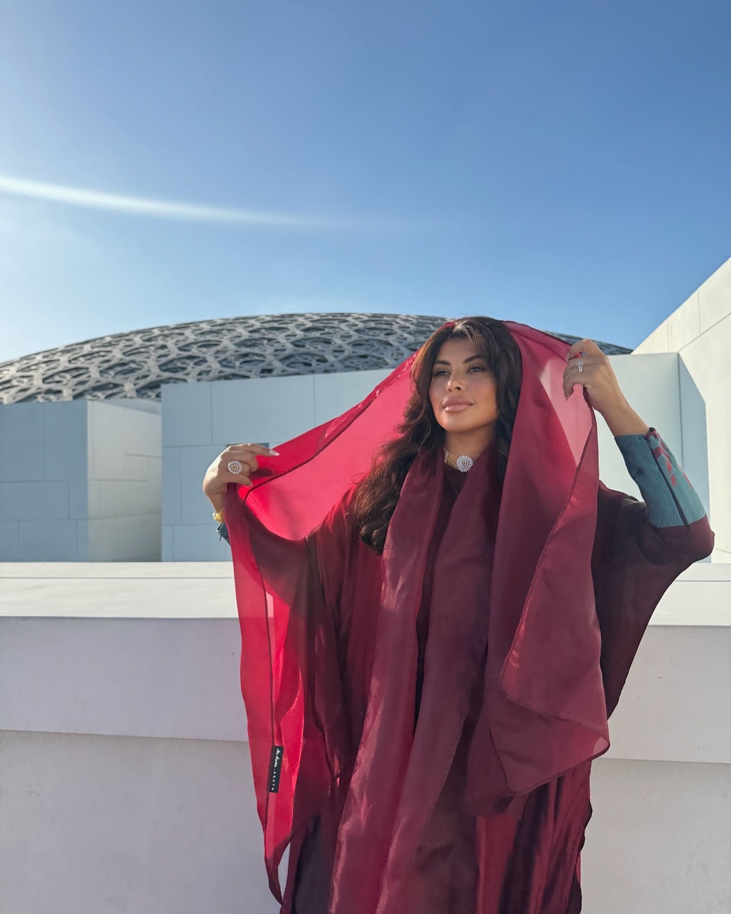 Burgundy Cape & Teal green Sleeves Dress