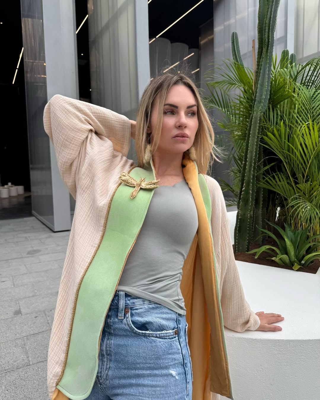 Beige & Green Kimono Abaya