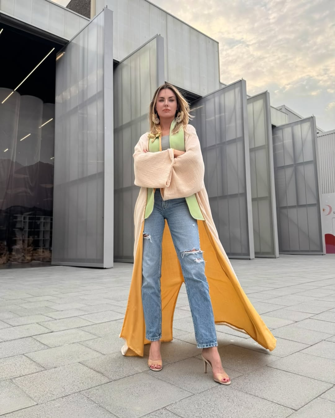 Beige & Green Kimono Abaya