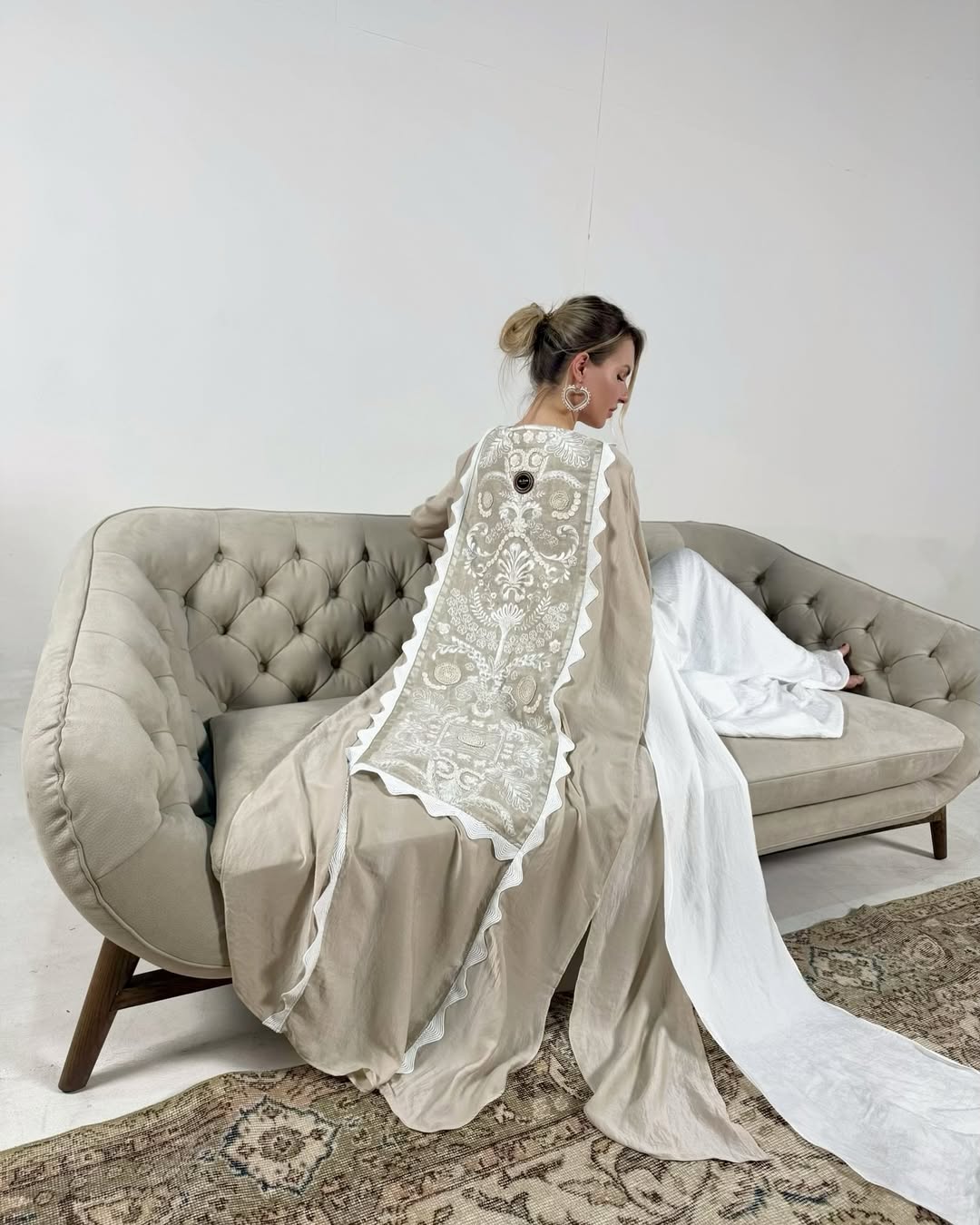 White & Beige French Embroidered Abaya