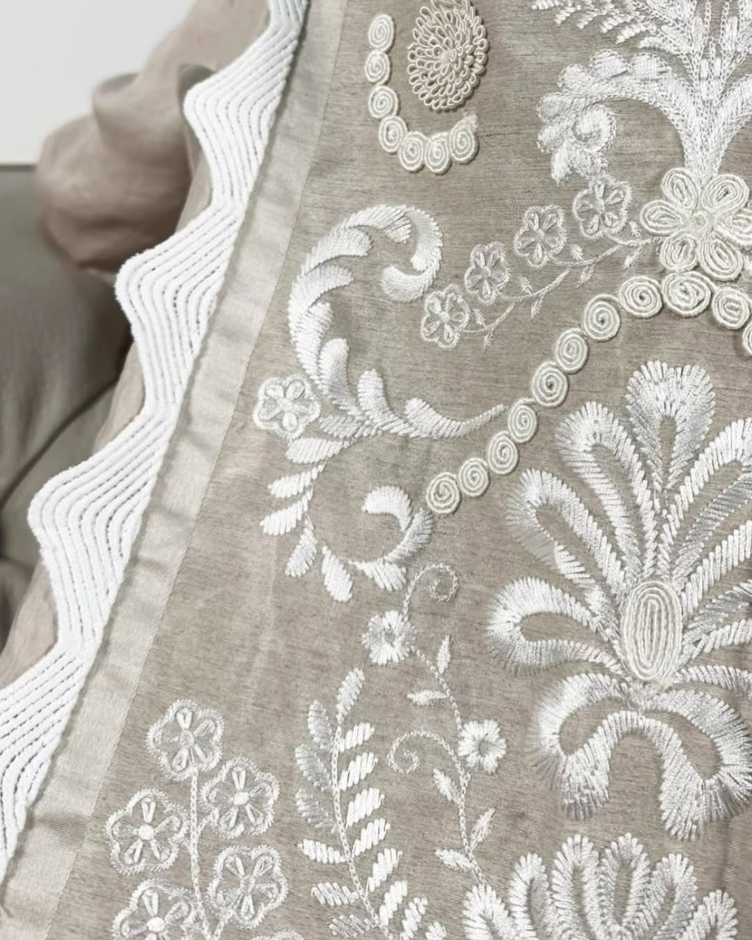 White & Beige French Embroidered Abaya