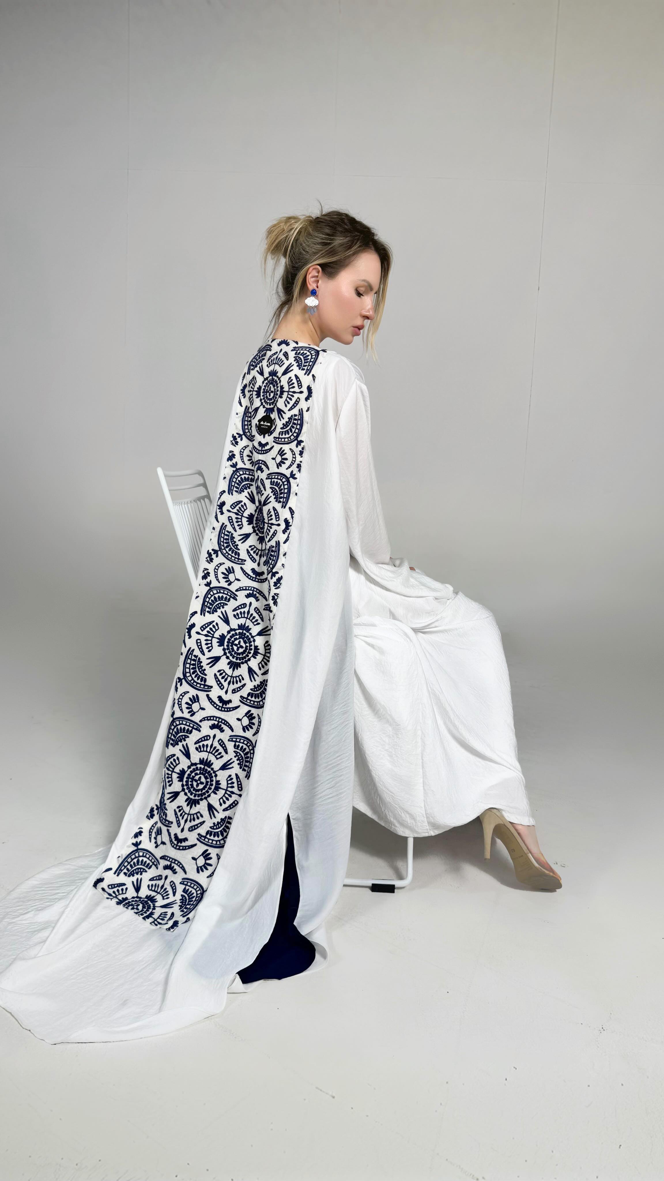 White & Navy Embroidered Abaya