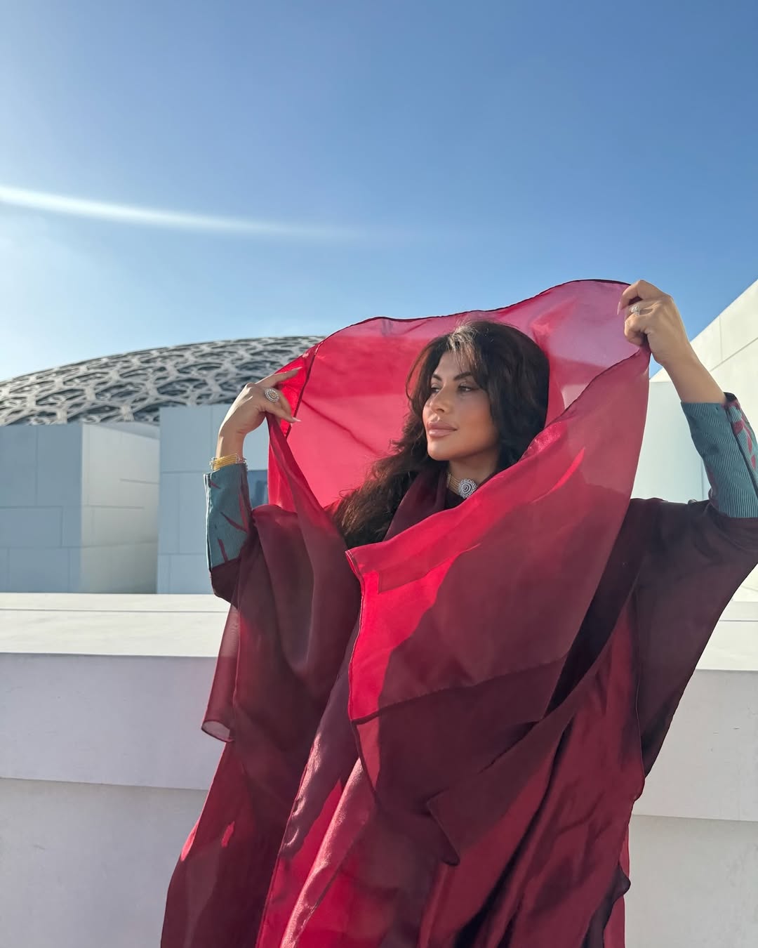 Burgundy Cape & Teal green Sleeves Dress